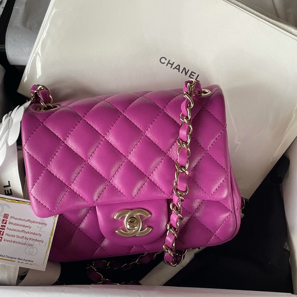 NEW Chanel Magenta Mini Square Classic Lamb GHW - Picture 2 of 10